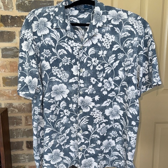 VTG Polo Ralph Lauren Hawaiian Faded Blue Camp Shirt Cotton Looper Terry Floral - Picture 4 of 8